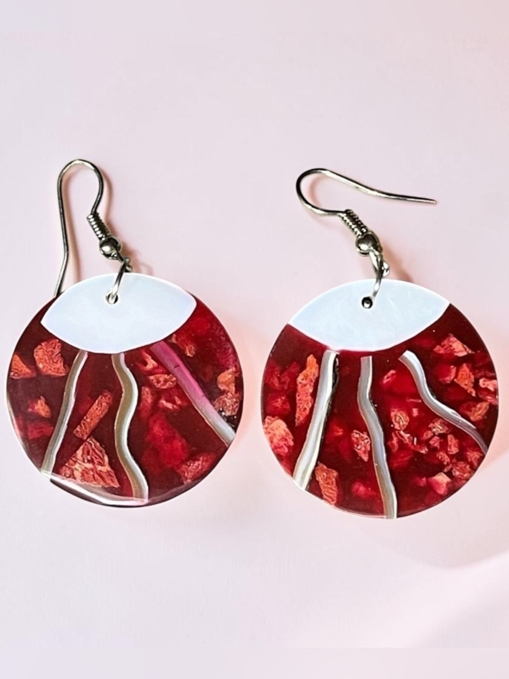Red/ White Inlay Painted Enameled Disk Earrings